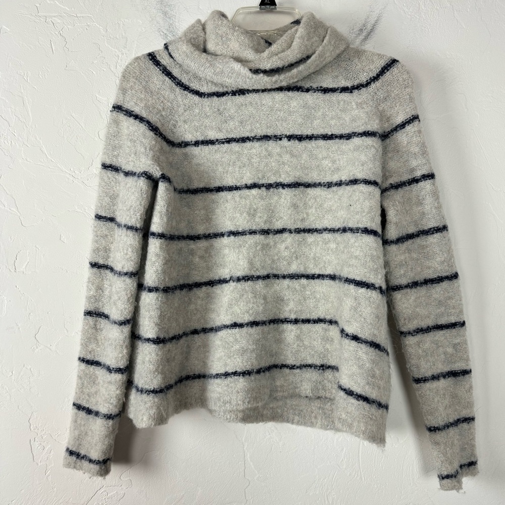 Madewell Sweater‎ Pullover Knit Top Roundtrip Turtleneck Gray Striped Navy Blue